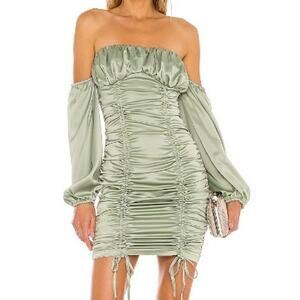 Revolve Majorelle Farren Ruched Mini Dress Large Off Shoulder Green Cocktail